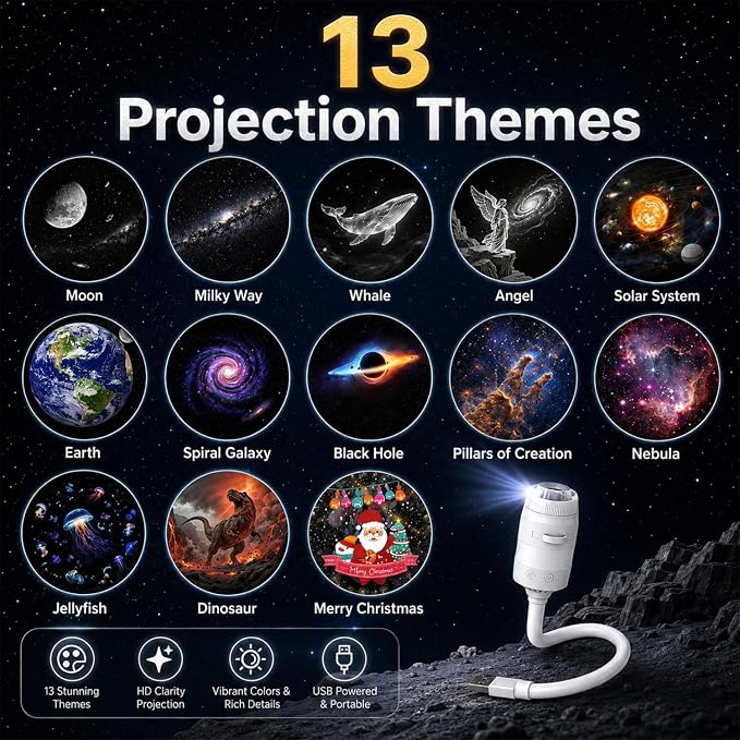 Galaxy Star Projector Night Light, 2-in-1 Multicolor LED Starry Lamp with 13 Films, 360° Rotatable Adjustable Brightness USB Portable Light for Kids Adults Bedroom Ceiling Car Decor Birthday Gift