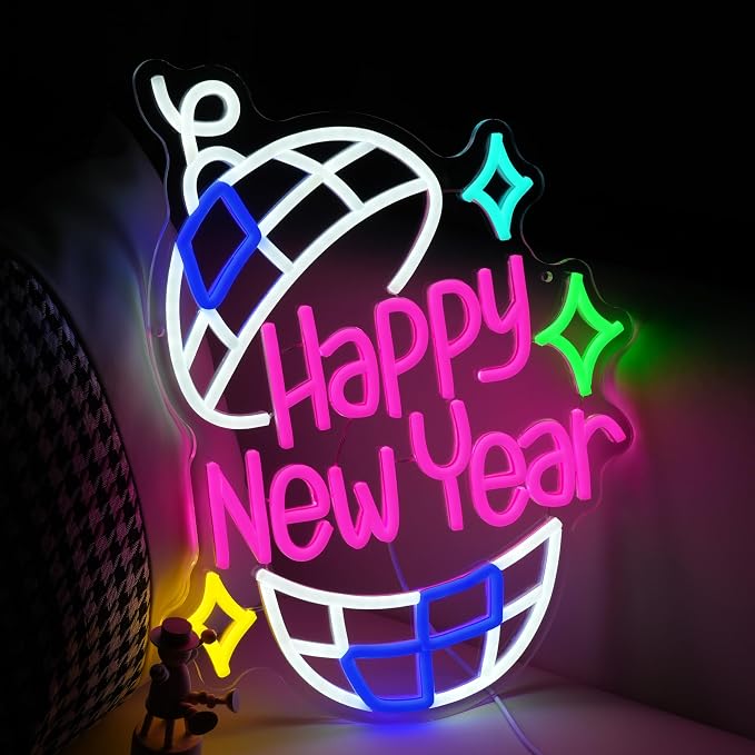 Happy New Year Neon Sign Led Party Light Sign for New Years Eve Decorations Dimmable USB Spring Festival Neon Light for Christmas Holiday Home Bar(16.5 * 12.6 In)