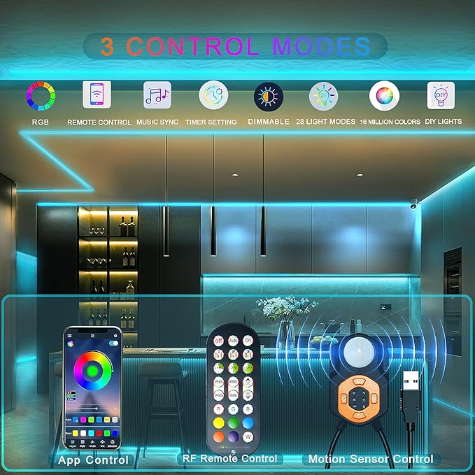 Meiyue LED Strip Light Motion Sensor Under Bed Lights 9.84FT RGB,Remote/APP Control,Dimmable,Music Sync,Auto-Off Timer,Motion Activated Led TV Night Light for Bed Stair Cabinet Party Computer Desk