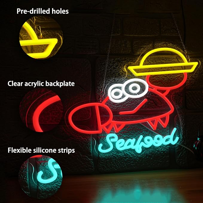 Seafood Neon Sign Dimmable Crab Neon Light Marine Animals Light Sign for Seafood Restaurant Aquarium Kitchen Outdoor Food Party(12.6 * 16.54In)