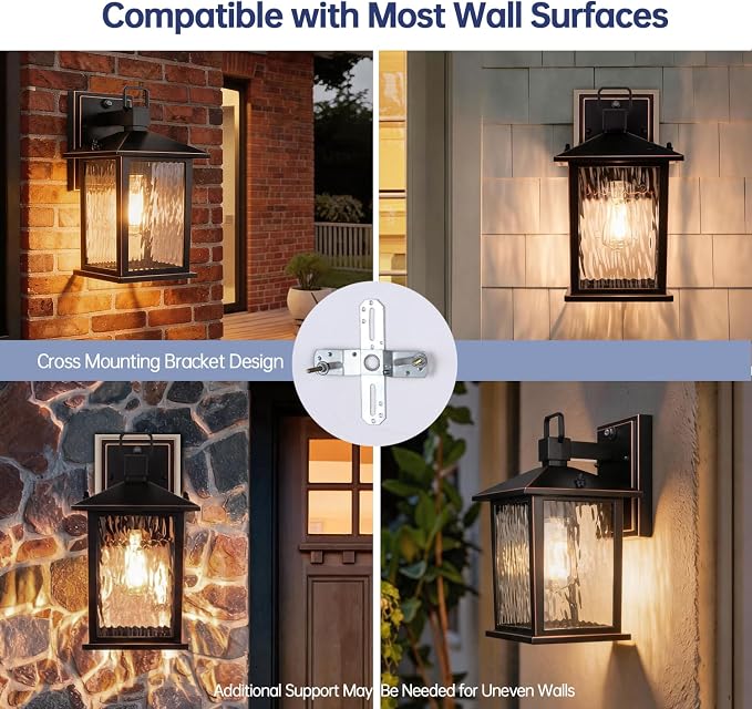 Dusk to Dawn Porch Light, Oil-Rubbed Bronze Outdoor Light Fixture | 2-Pack Outdoor Wall Light with Water Ripple Glass, Hardwired Aluminum Outside Wall Lantern, E26 Socket, Bulb Not Included