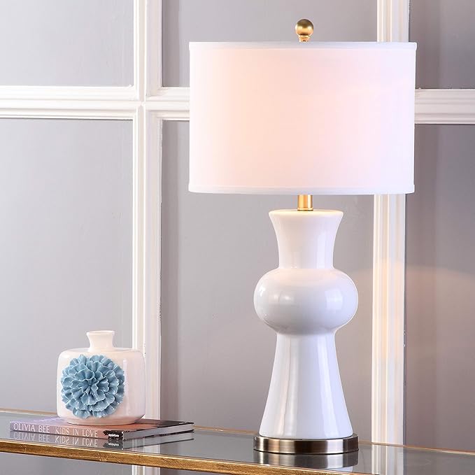 SAFAVIEH Lighting Collection - Lola Column Table Lamp, 30" White Ceramic Body with Drum Shade, Modern Accent Light (LIT4150B)