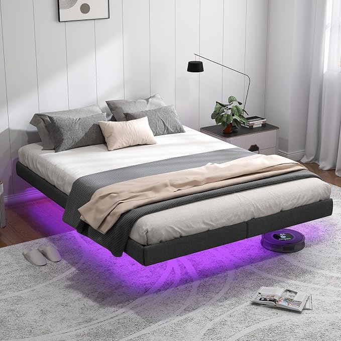 RVONOW Floating Bed Frame Full with LED Lights, Under Bed Storage, Grey | Metal Platform Full size Floating Bed Frame, Heavy Duty Steel Slats Support, No Box Spring Needed, Noise Free, Easy Assembly