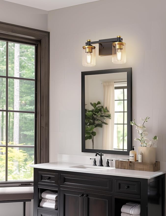 Bathroom Light Fixture, Bathroom Vanity Light Over Mirror, 2-Lights | Vanity Lights for Bathroom, Modern Lighting Fixtures with Clear Glass Shade, Black and Gold Vanity Lights, ETL Listed