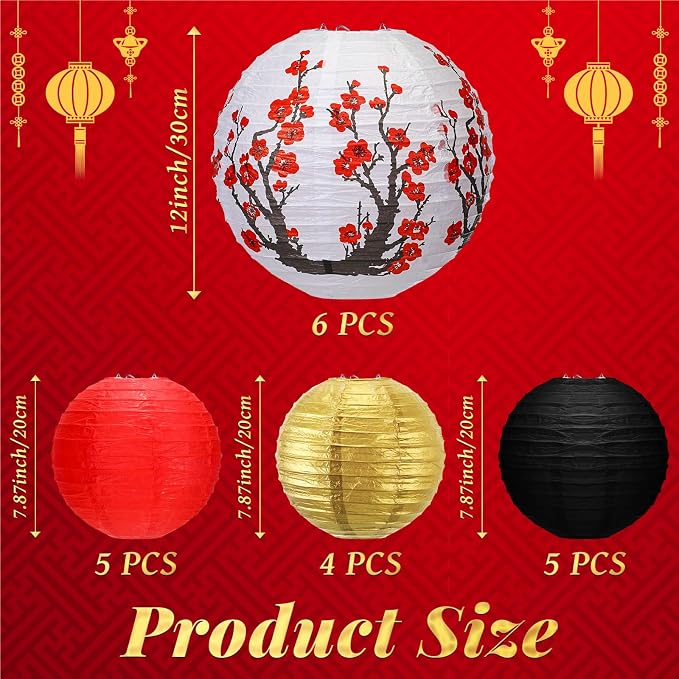 Mudder 20 Pack Chinese Japanese Paper Lanterns, Red Black Gold Sakura Cherry Blossom Hanging Lantern Decorations, Asian Theme Party Supplies for Birthday Wedding Restaurant Home Decor, Classic Style