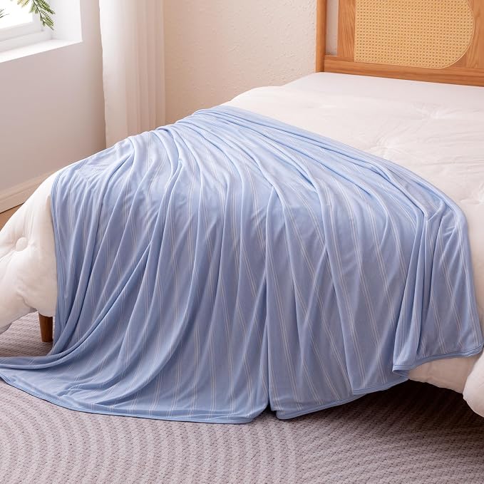 Amazon Basics Striped Cooling Blanket for Hot Sleepers, Reversible Lightweight Thin Throw Blanket for Bed, Couch and Sofa, Throw (50" x 70"), Blue Striped