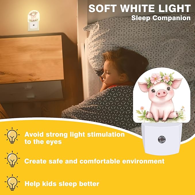 Night Lights Plug into Wall Cute Pig with Flower Crown Night Light Dusk to Dawn Smart Sensor Decorative Round Led Lamp for Bedroom Kitchen Hallway Nightlight for Women Men