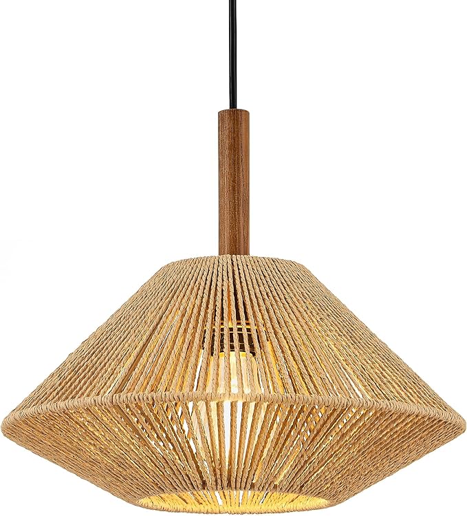 ELYONA 12.6" Boho Pendant Light Fixtures, Rattan Woven Pendant Light with Solid Ash Wood, Hanging Light for Kitchen Island, Farmhouse Ceiling Light for Dining Room Bedroom Living Room