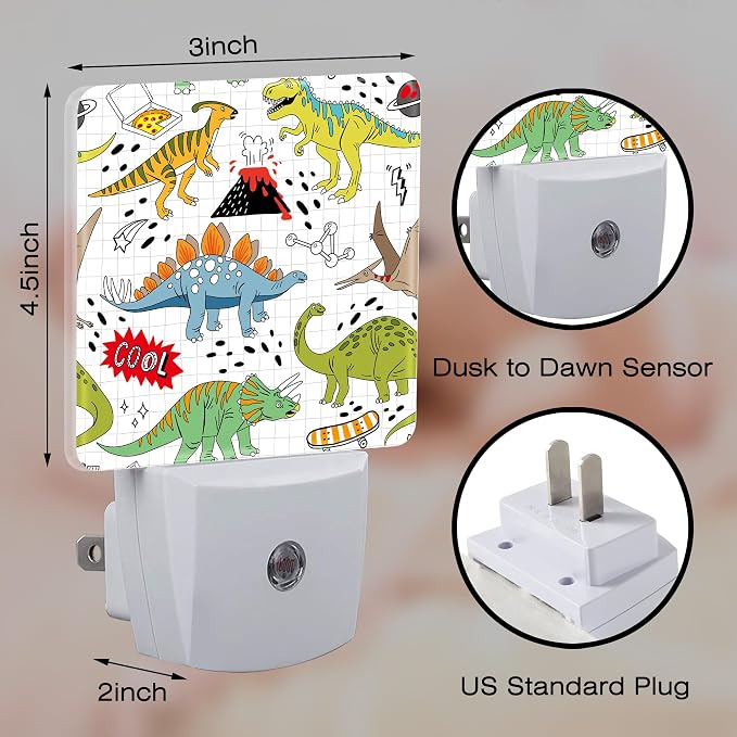 Cool Doodle Dinosaurs Night Light for Kids, Funny Cartoon Dino Night Light Plug in with Dusk to Dawn Sensor, 0.5w Energy Saving Sleep Friendly Nightlight for Hallway Stairway Kitchen Bedroom