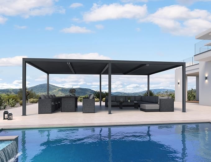 PURPLE LEAF Outdoor Pergola 94AS 14' x 24' Large 53mph Wind Resist Gray | Four Adjustable Louvered Roofs, 53Mph Wind Resistant Engineering, Rainproof Gutters, Zero-Rust Aluminum.
