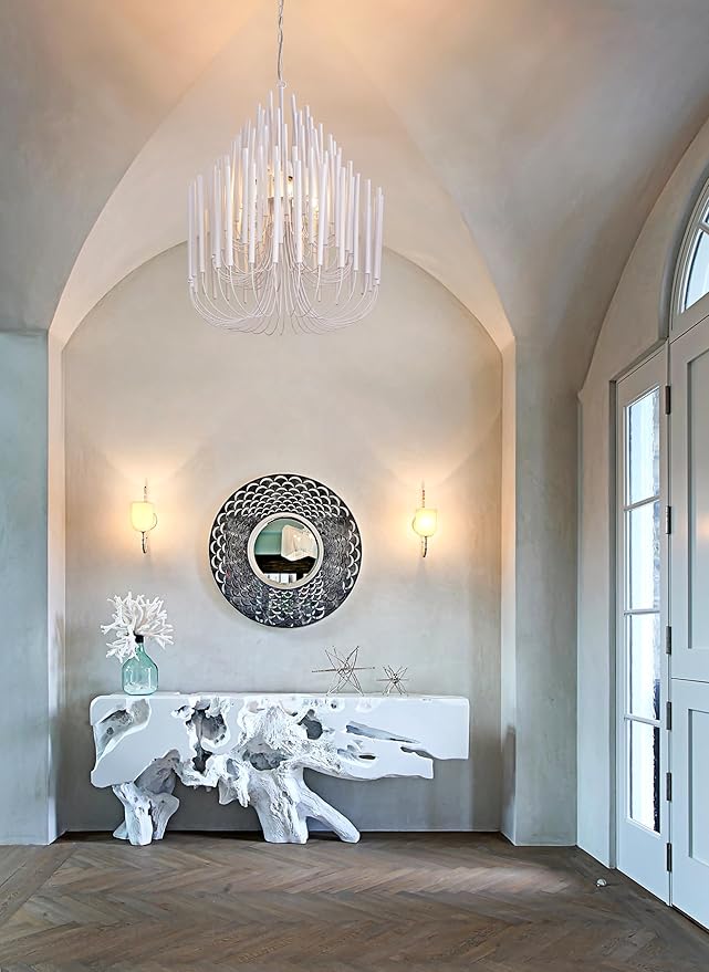 TOCHIC Modern Farmhouse Chandelier for Dining Room 21", Small Vintage White Wood Chandeliers Light for Living Room, Rustic Pendant Lighting Fixture Ceiling Hanging for Foyer Bedroom Entryway