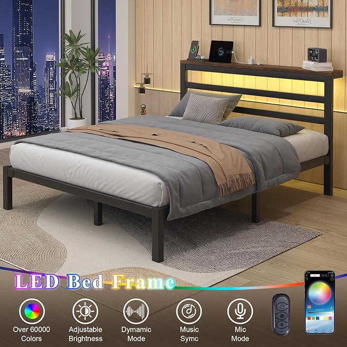 Queen Size Metal Bed Frame with Storage Headboard & LED Lights, Black | Built-In Charging Station, Under-Bed Storage, Heavy Duty Metal Slats, No Box Spring Needed, Solid and Stable, Easy Assembly