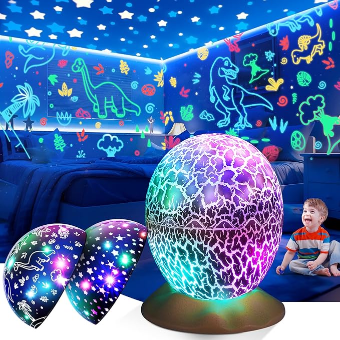 Dinosaur Toys for Kids Age 3-12 : Dinosaurs Egg Night Light Gifts for Boys 3 4 5 6 7 8 9 Year Old 2-in-1 Dino & Star Projector with 360° Rotation Timer for Boy Ages 3-5 Birthday Gift Decor