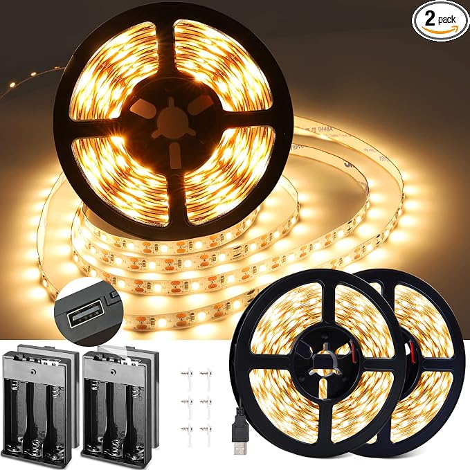 USB Warm LED Strip Lights with Battery Box, 16.4ft Warm White LED Light Strip 3000K for Under Bed, Tape Lights Under Cabinet, Kitchen, Bedroom, Christmas, Party, 8.2ft x 2pcs