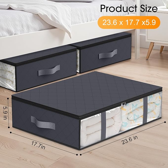 StorageRight Under Bed Storage Bags, 3 Pack, 40L, Gray | Breathable Non-Woven Fabric with a Clear Window and Zippered Top for Clothes, Comforters, Blankets and Seasonal Storage