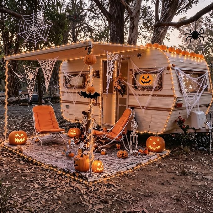 YEGUO Solar Halloween Lights, 2 Packs Each 33ft 100 LED String Lights Outdoor Waterproof, 8 Modes Fairy Lights in Clear Thin Tube for Camping Fence Patio Garden Trampoline Deck(Orange)
