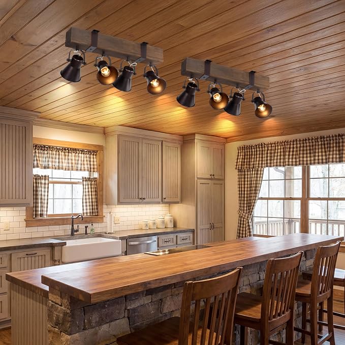 4 Light Semi Flush Mount Ceiling Light, Farmhouse Wooden Track Lighting Fixtures Ceiling, Rustic Kitchen Lights Ceiling for Island Dining Room Living Room.