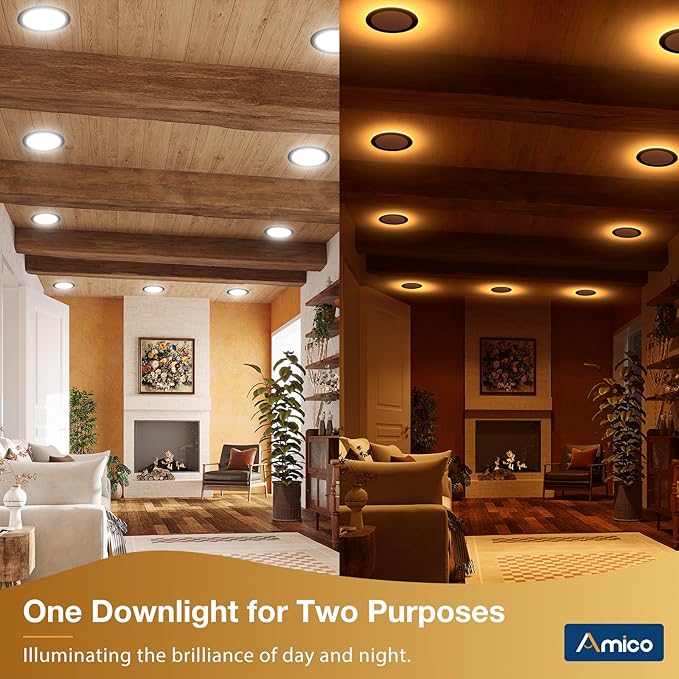Amico 12 Pack Black 4 Inch 5CCT LED Recessed Ceiling Light with Night Light, 2700K/3000K/3500K/4000K/5000K Selectable Ultra-Thin Lighting, 10W=90W, 700LM, Dimmable Canless Wafer Downlight - ETL&FCC