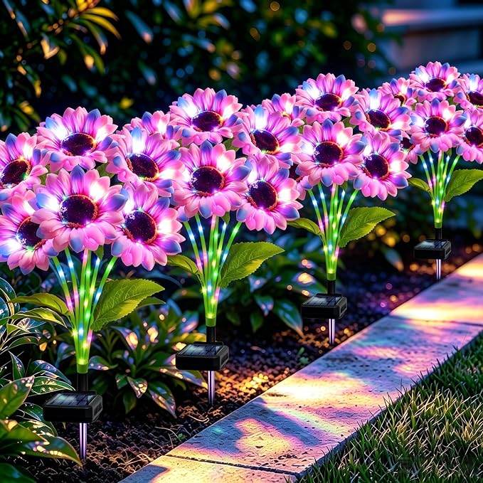 Solar Garden Lights Outdoor, 4 Pack Solar Multicolor Sunflower Lights with 18 Head 3.5 Inch Flowers, Waterproof Flowers Light Fall Decor Auto ON/Off for Garden Yard Patio, Gifts for Mom Women