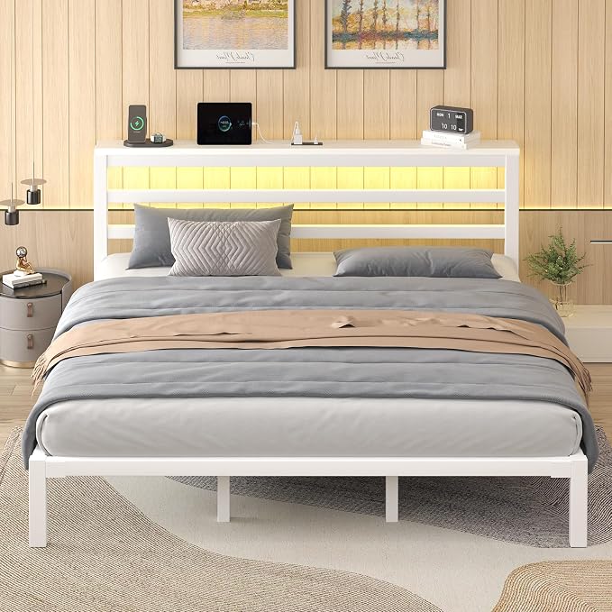 LOEWAY King Size Metal Bed Frame with Storage Headboard & LED Lights, White | Built-In Charging Station, Under-Bed Storage, Heavy Duty Metal Slats, No Box Spring Needed, Solid and Stable, Easy Assembly