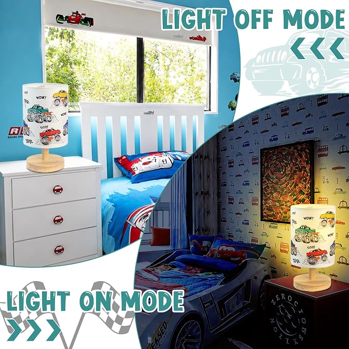 Construction Truck Table Lamp for Kids Bedside Lamp with Linen Wooden Nightstand Cartoon Nursery Lampshade for Bedroom Desk Birthday