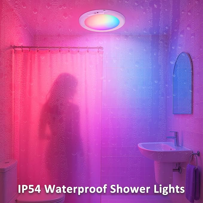 maylit 4 Pack Rechargeable Shower Lights with Motion Sensor | RGBW Waterproof Wireless Ceiling Lights for Bathrooms, Showers and Indoor Spaces