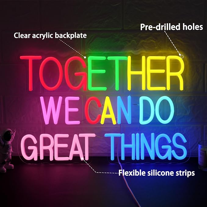 Together We Can Do Great Things Neon Sign Multicolor Encourage Letter Neon Light for Wall Decor Dimmable Positive Affirmation LED Light Sign for Wedding Party Store Home Birthday (16.54*10.63)