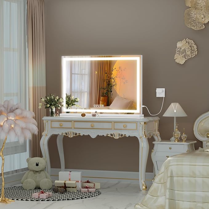 Hasipu Vanity Mirror with Lights and Bluetooth Speaker, 37" x 25.6" LED Makeup Mirror, Lighted Makeup Mirror with Dimmable 3 Modes, Touch Screen Control Vanity Mirror Square White