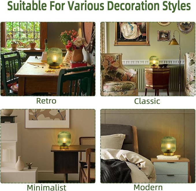 MJ PREMIER Rechargeable Table Lamp, Green Glass Lamp with Memory Function, Small Cordless LED Lamp with Dimmable Brightness, Decorative Touch Lamps for Bedroom Living Room (Green)