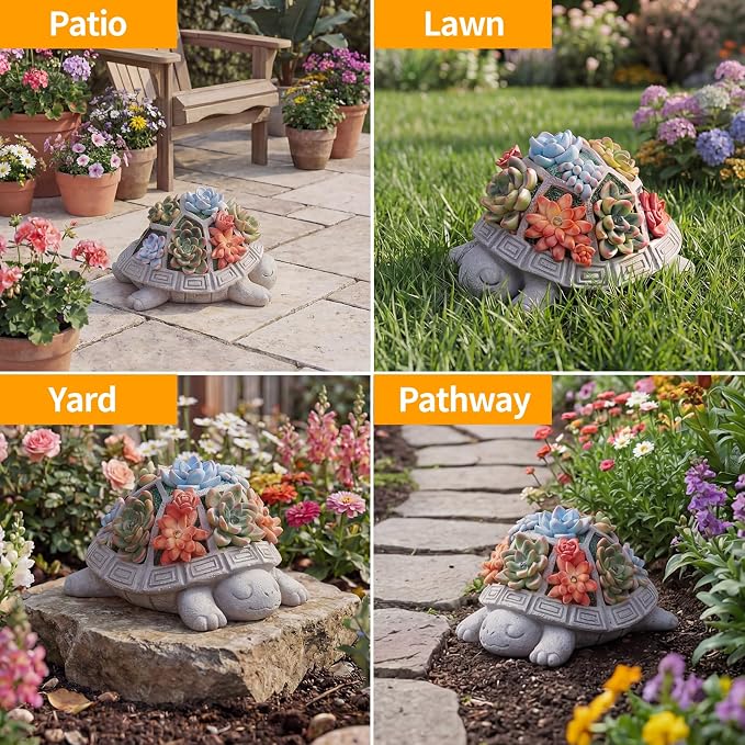 Solar Turtle Garden Outdoor Decor with Succulent & 7 LED Lights – Outside Tortoise Statue Decor for Yard Patio Balcony & Backyard - Home House Decoration Art - Gift for Men Dad Women Mom