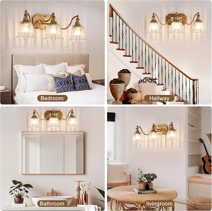 Gold Vintage Bathroom Light Fixtures, 3-Lights Bathroom Vanity Light, Antique Brushed Gold Lighting Fixtures Over Mirror with Crystal Glass Shade, Wall Sconce Lighting