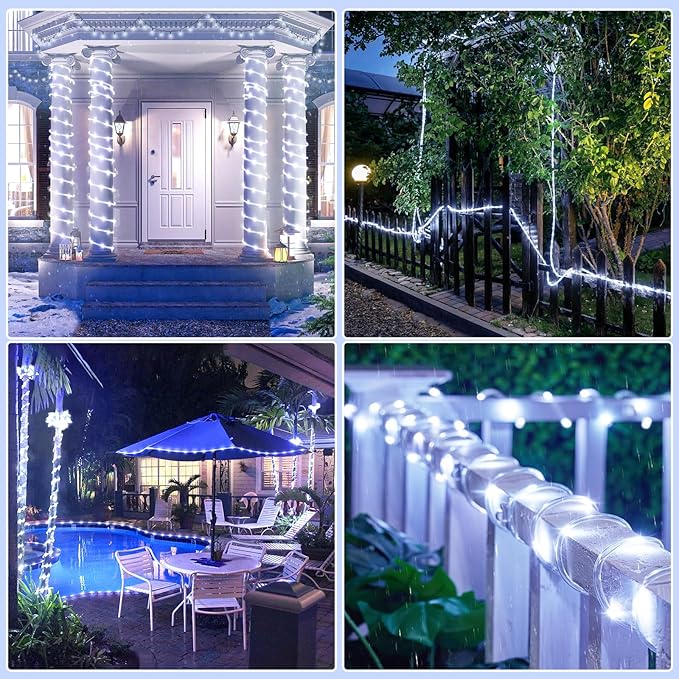 66FT 200 LED Rope Lights Outdoor Waterproof, Connectable Rope Lights for Outside with 8 Modes, Plug in String Lights for Indoor Bedroom Garden Backyard Patio Deck Pool Tree Decorations, Cool White