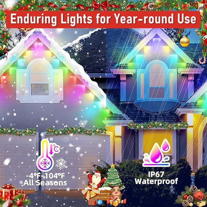MUCCCUTE Permanent Outdoor Lights for Valentines150ft RGB + IC Eaves Lights with App & Remote Control, Outdoor String LED IP67 Waterproof for Holidays New Year July 4th Roof Eaves House Garden Decor