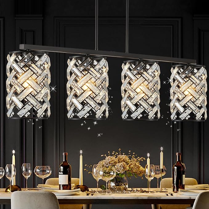 CATINER 40" Black Crystal Linear Chandelier, 4-Light Kitchen Island Pendant | 40-inch black crystal linear chandelier with adjustable height, 4 E26 lights, dimmable for kitchen islands and dining rooms