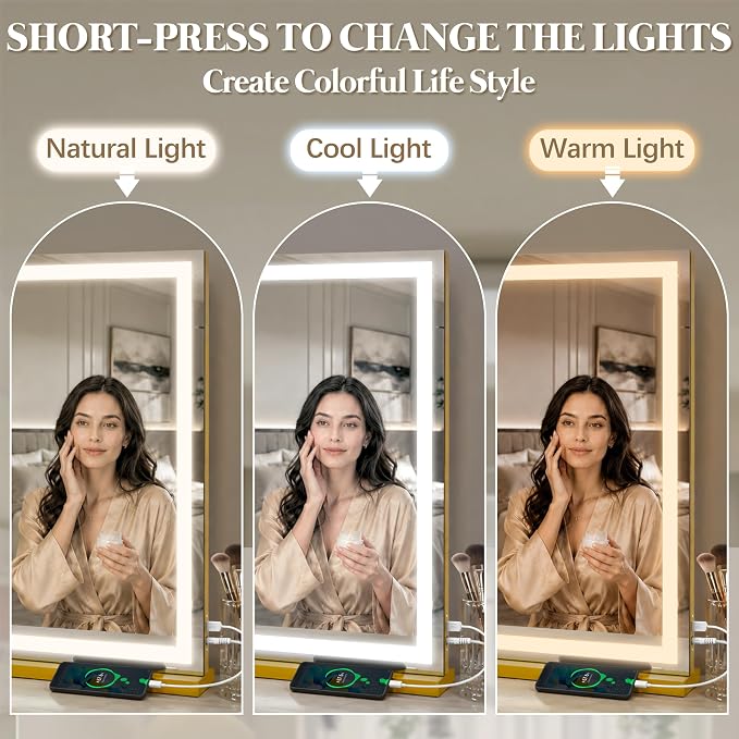 FENNIO Large Vanity Mirror with Lights，35.5" x 27" LED Makeup Mirror，Hollywood Mirror with 3 Color Modes & Adjustable Brightness，Vanity Mirror Square Gold