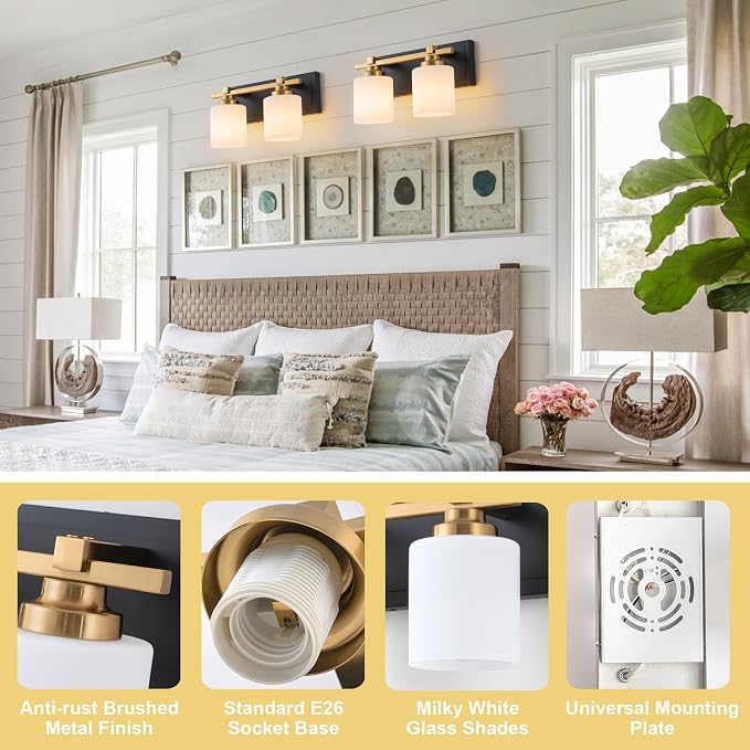 Modern Bathroom Light Fixtures Over Mirror, Vanity Lights for Bathroom Wall Sconces with Milky White Glass Shades, E26 Socket (Bulbs Not Included), 2 Light, Black Gold