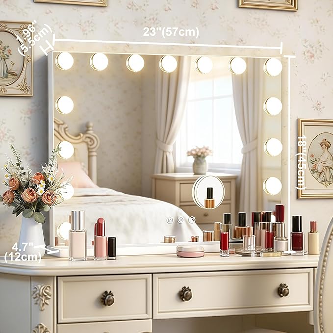 23" x 18" Hollywood Vanity Mirror with Lights, 15 Dimmable Bulbs, 3 Color Lights, Make Up Lighted Mirror, USB Charging Port, Gifts for Women Wife Teengirls