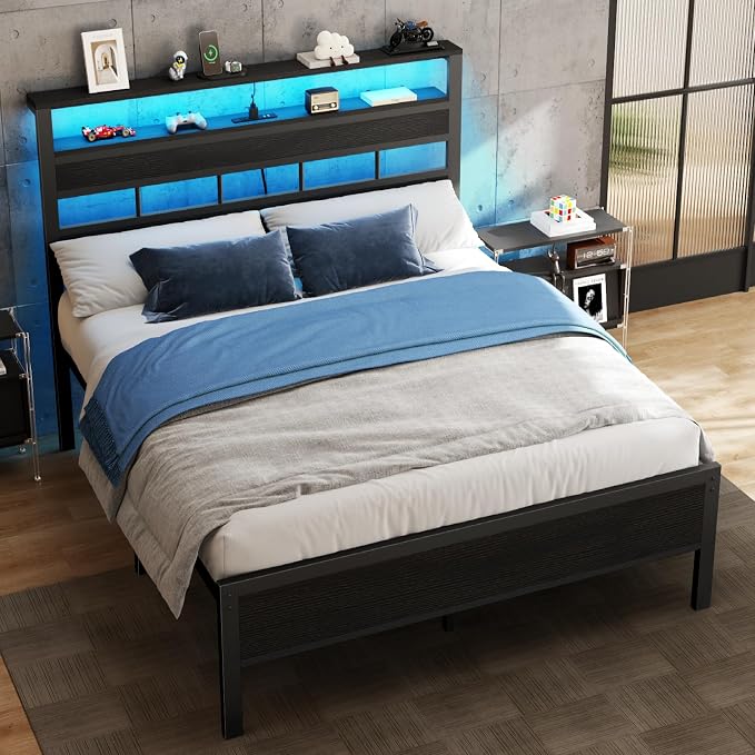 Full Size Bed Frame, Storage Headboard, LED & Charger, Black Oak | Metal Platform Bed with Heavy Duty Slats Support, 2-Tier Wood Shelf,USB & Type-C Ports,Noise-Free,No Box Spring,Easy Assembly