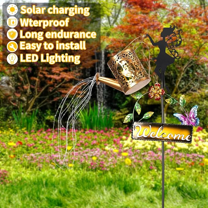 ZKLiLi Solar Hummingbird Watering Can Gifts with Lights,Outdoor Garden Fairy Welcome Sign Decor Waterproof for Patio Yard Porch Lawn Pathway Walkway Statues Gifts for Mom Grandma Women