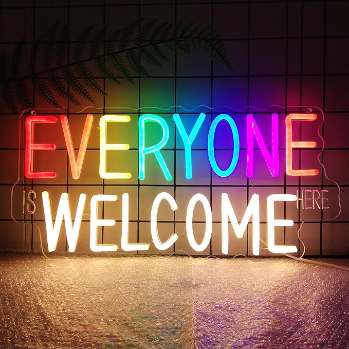 Everyone is Welcome Here Neon Sign, Dimmable Classroom Neon Sign Lights for Wall Decor, USB Positive Affirmation LED Neon Light, Welcome Signs for Classroom Teacher Gifts Rainbow Pride Diversity Decor
