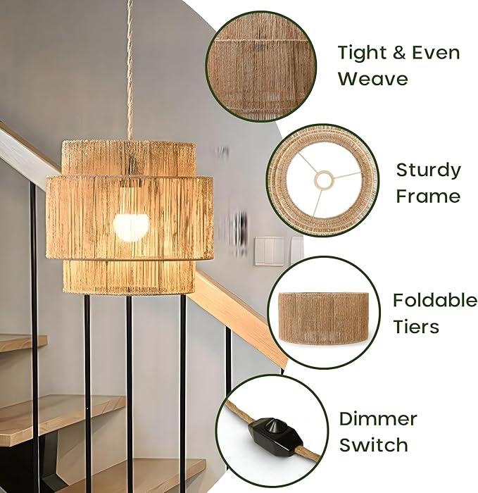 11.8" Boho Jute Plug in Pendant Light, Handwoven Natural Hanging Lamp Plug in with Dimmable Light Switch, Wicker Hanging Light Fixture for Bedroom Living Room Kitchen (No Bulb Included)