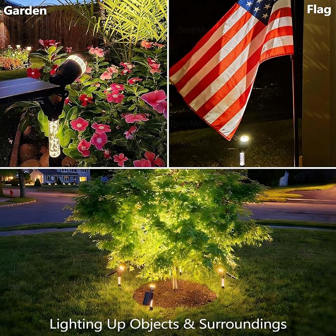 DenicMic Solar Spot Lights Outdoor Waterproof 3000K Lens LED Spotlights | Adjustable Angel Long Range Solar Lights Outdoor for Yard Garden Patio Wall Tree Landscape, Acrylic Lighted Pole, 4 Pack