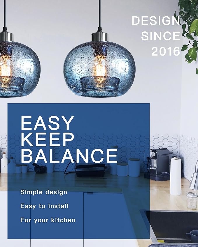 Glass Pendant Lights Kitchen Island, Marble Blue 8.7 Inch 2 Pack | Hand Blown Glass Ceiling Hanging Modern DiningTable,Adjustable Cord Brushed Nickel ETL Certification