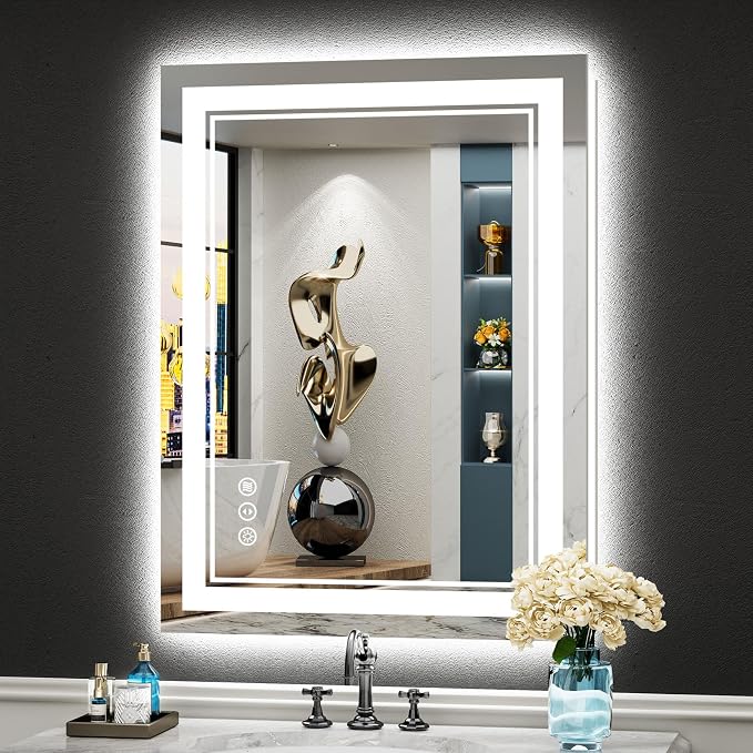 24x32 LED Bathroom Mirror, Backlit & Front Lit Lighted Mirror | Anti-Fog Vanity Mirror with Lights, 3 Color Dimmable, Memory, HD Tempered Glass, CRI95, IP54, UL Listed, Horizontal/Vertical