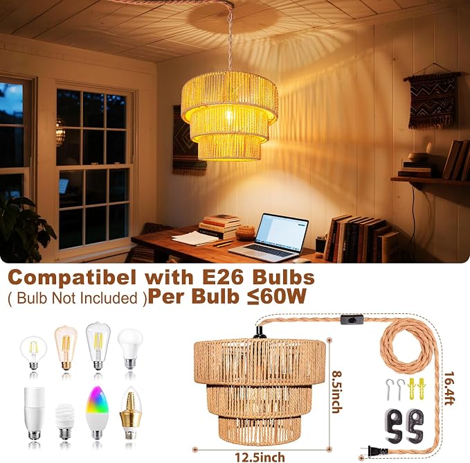Maliralt Rattan Pendant Light Hanging Lamps - 16.4ft Plug in Cord Hanging Light Fixture Plug Into Wall Outlet Pendant Lighting with On Off Switch for Bedroom Living (3-Tier Rattan Lamp Shade)