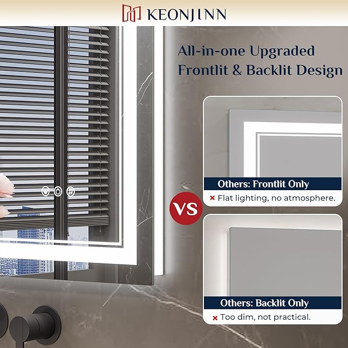 Keonjinn 40 x 24 Inch Lighted Mirrors for Bathroom Wall with Bluetooth Speaker, Frontlit & Backlit LED Bathroom Mirror, Smart Mirror Bathrooms, Tempered Glass, 3 Color Temperature, Dimmable, Anti-Fog