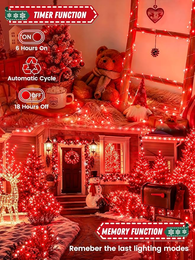 2 Pack 100 LED Fairy Lights Battery Operated with Remote Timer, 33 FT Red | Cuttable, 8 Modes, Memory, Dimmable, IP44 Waterproof Battery String Lights for Indoor Outdoor, Wedding, Christmas Decorations