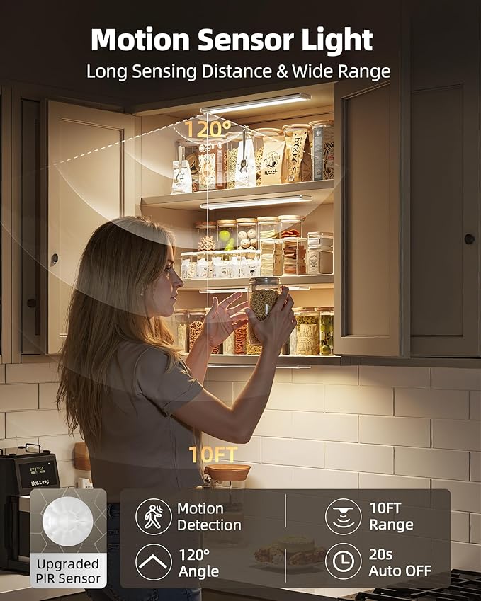 6-Pack Under Cabinet Lighting Wireless, LED Motion Sensor Light Indoor, Rechargeable Closet Lights Battery Operated, Dimmable & 3 Color Temps, Under Counter Lights for Kitchen, Stairs(14inch)