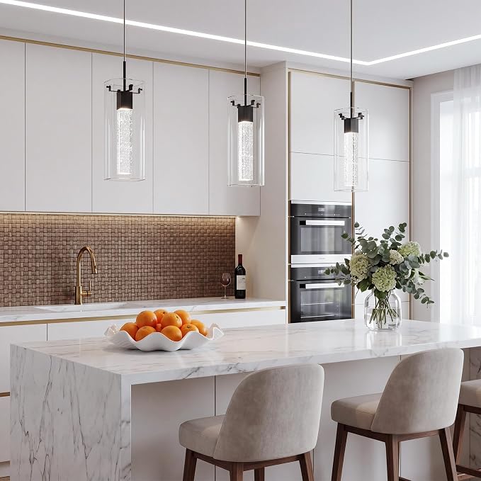 Pendant Lights Kitchen Island, 1 Pack 6500K LED Kitchen Lighting Crystal Island Light with Bubble Glass, Matte Black Kitchen Hanging Light Fixture Modern Pendant Ceiling Light Fixture