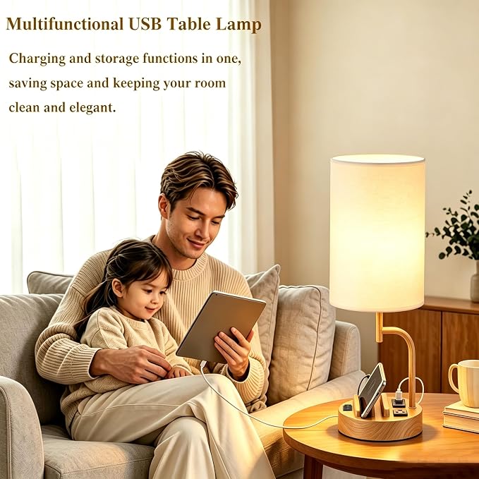 Dreamholder 2 Pack Table Lamp, Bedside Lamp with 3 USB Charging Ports & AC Outlet, USB Desk Lamp with 2 Phone Holders, Linen Fabric Shade Nightstand Lamps for Bedroom Living Room Office, Woodgrain